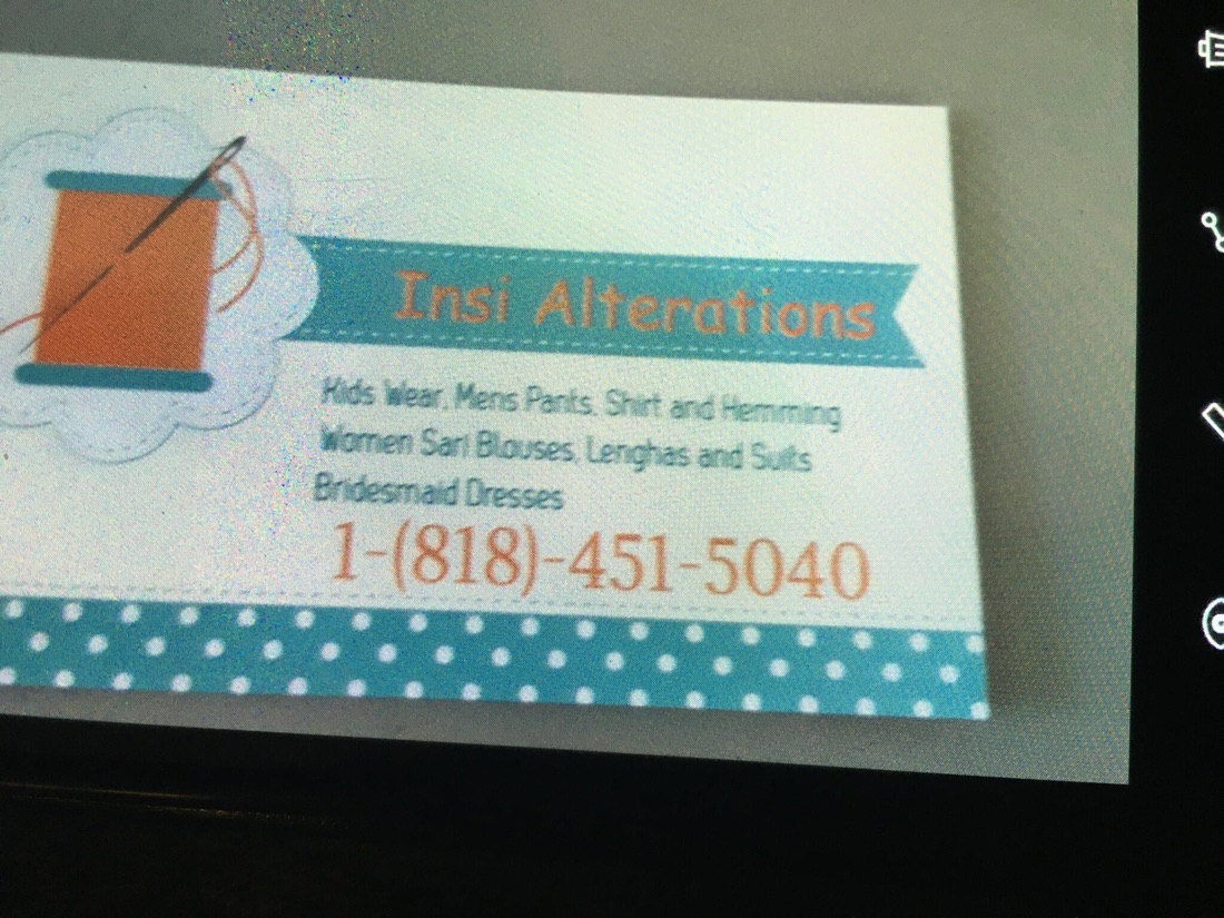 Insi Alterations sewing card from the business profile, showing a spool of thread and the phone number 818-451-5040